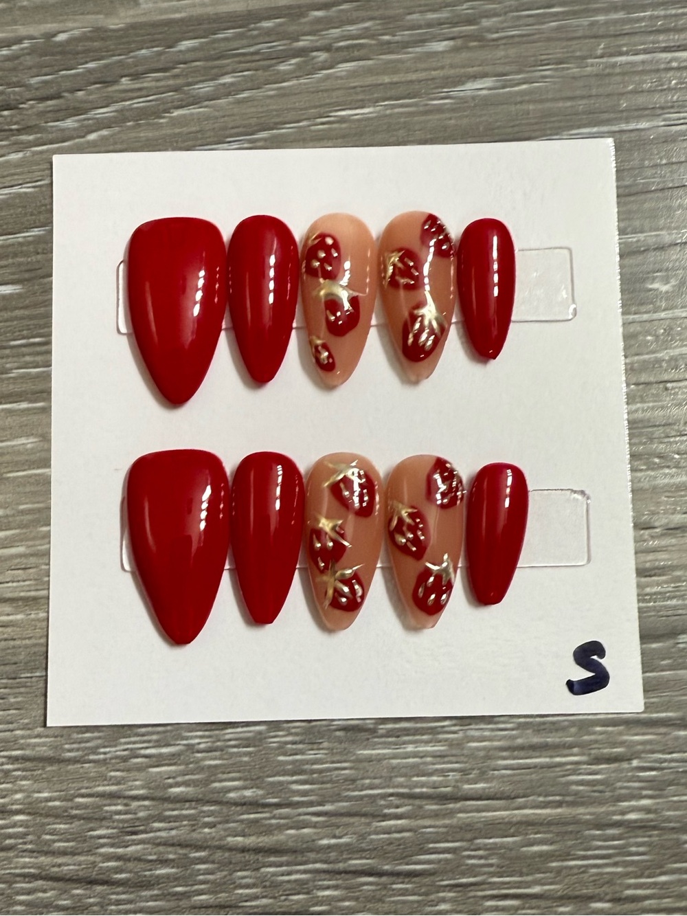 Red Almond Press-On Nail Set with Strawberry Accents